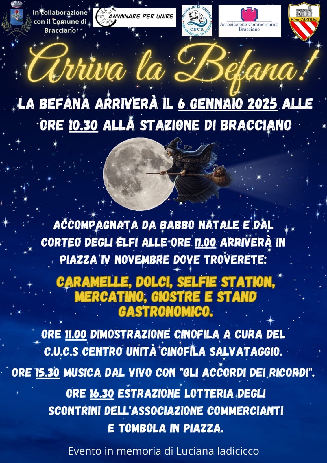 manifesto con immagine della befana che vola